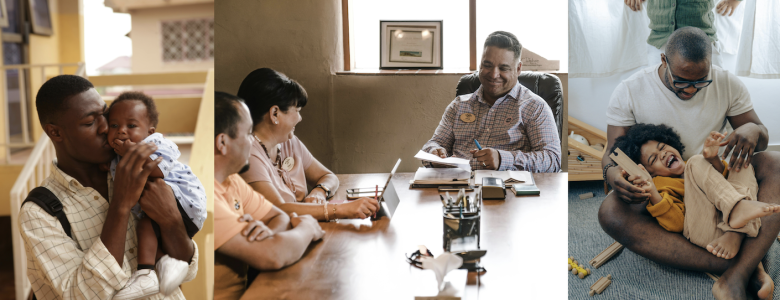 An african American man holding his child, a man sitting at a table with two other people, an african american man playing with his child